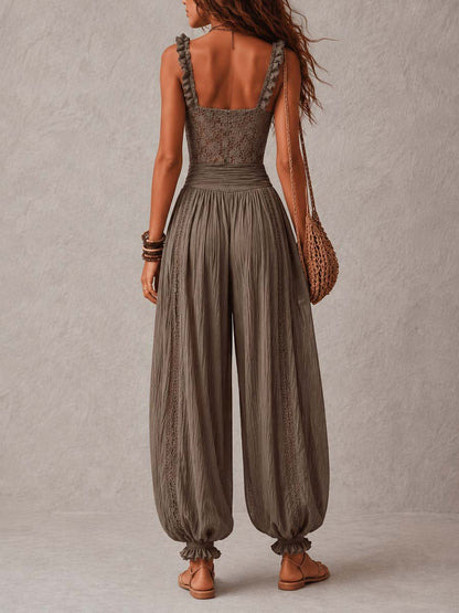 Macarena | Conjunto de bandeau de encaje gris y pantalón harem plisado