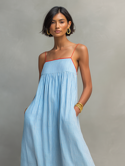 Alma | Vestido Azul con Tirantes Finos y Bolsillos