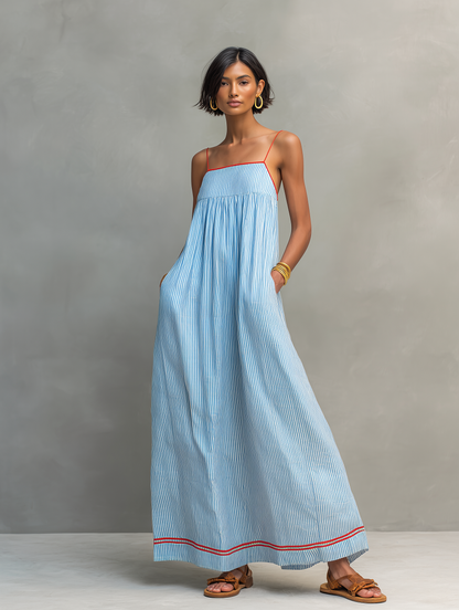 Alma | Vestido Azul con Tirantes Finos y Bolsillos