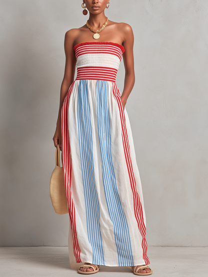 Estrella | Vestido maxi sin tirantes a rayas rojas y azules con fruncido
