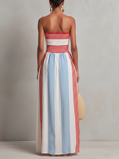 Estrella | Vestido maxi sin tirantes a rayas rojas y azules con fruncido