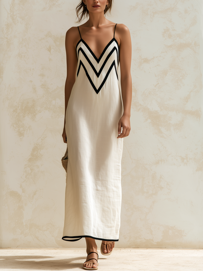 Renata | Vestido largo estilo slip con bordes en contraste y motivo chevron