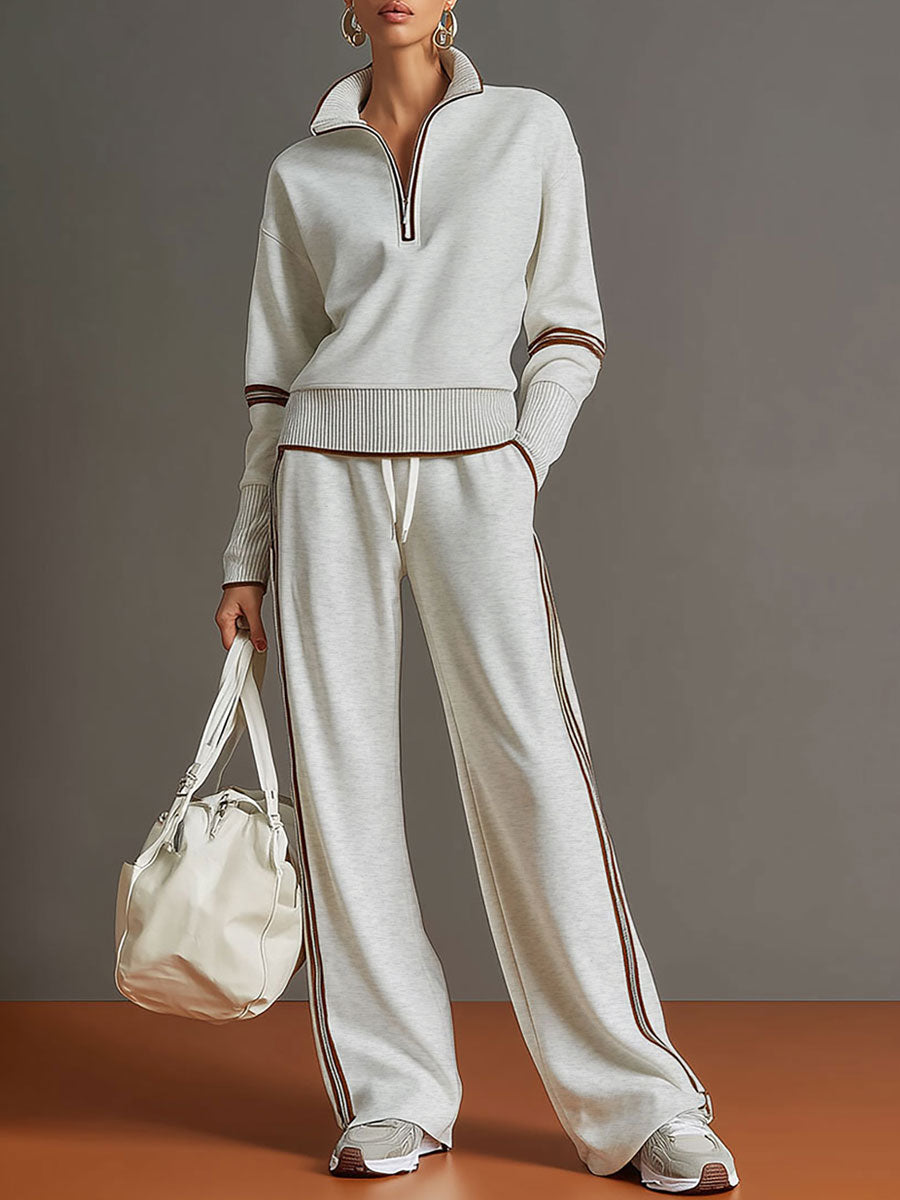 Laura | Conjunto de sudadera con medio cierre y pantalón de pierna ancha, estilo deportivo