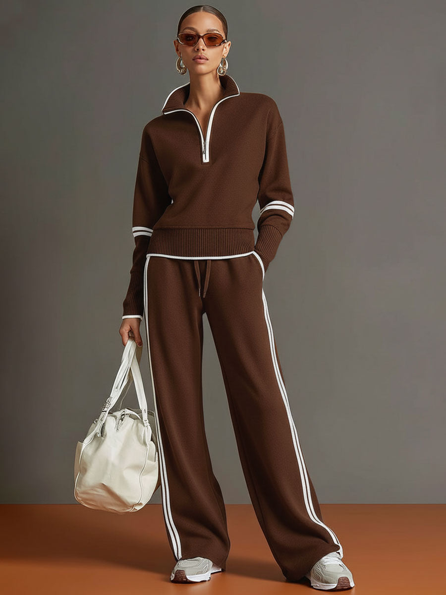 Laura | Conjunto de sudadera con medio cierre y pantalón de pierna ancha, estilo deportivo