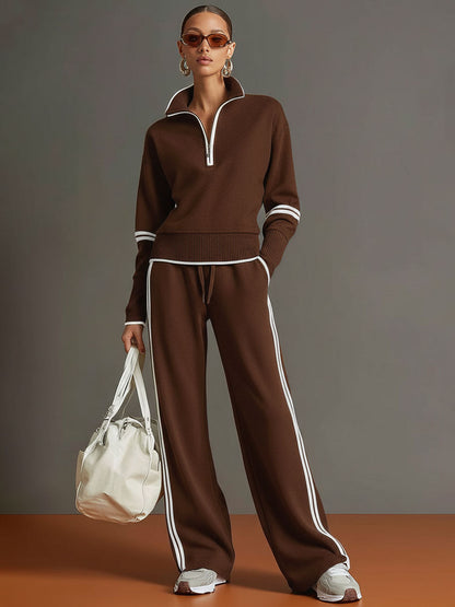 Laura | Conjunto de sudadera con medio cierre y pantalón de pierna ancha, estilo deportivo