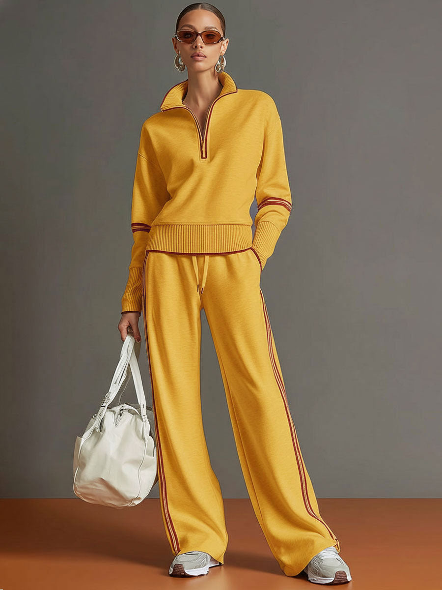 Laura | Conjunto de sudadera con medio cierre y pantalón de pierna ancha, estilo deportivo