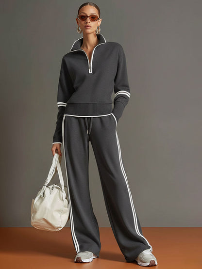 Laura | Conjunto de sudadera con medio cierre y pantalón de pierna ancha, estilo deportivo