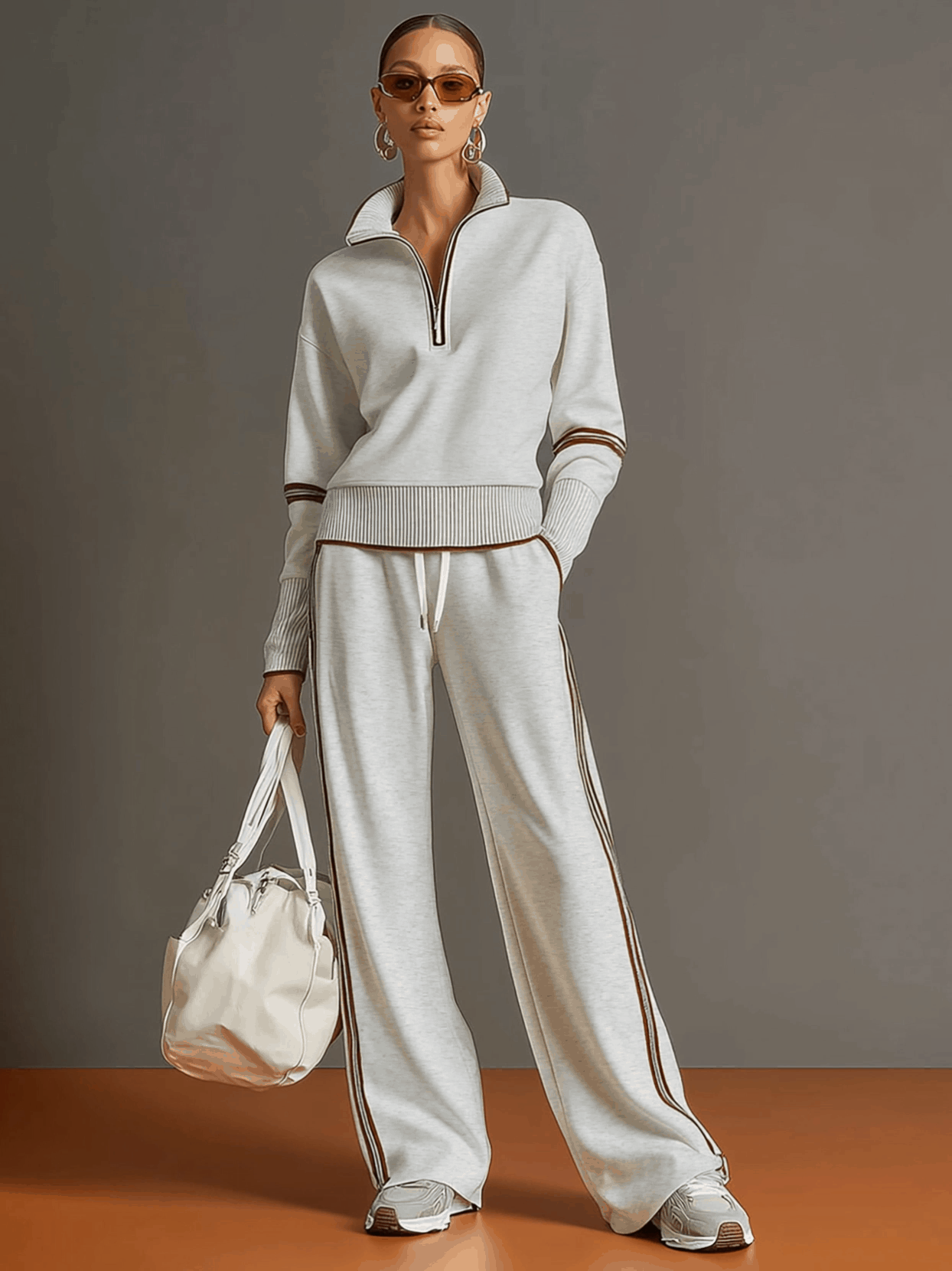 Laura | Conjunto de sudadera con medio cierre y pantalón de pierna ancha, estilo deportivo