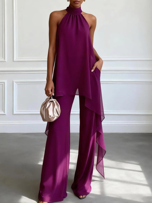 Paola | Conjunto de dos piezas: elegante top morado sin mangas con cuello halter y pantalón
