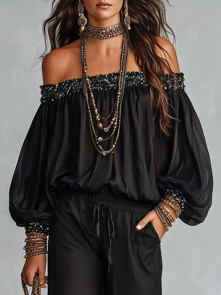 Daria | Conjunto de top negro con hombros al aire y lentejuelas y pantalón ancho con cordón