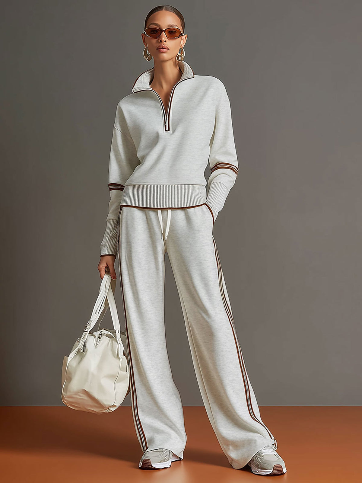 Laura | Conjunto de sudadera con medio cierre y pantalón de pierna ancha, estilo deportivo